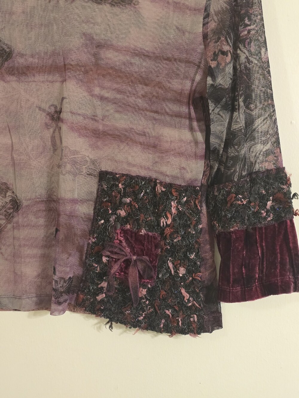 Y2K Gothic Purple Long Sleeve Sheer Floral Mesh  Patchwork Top Size M/ US 8-10 - Picture 16 of 17